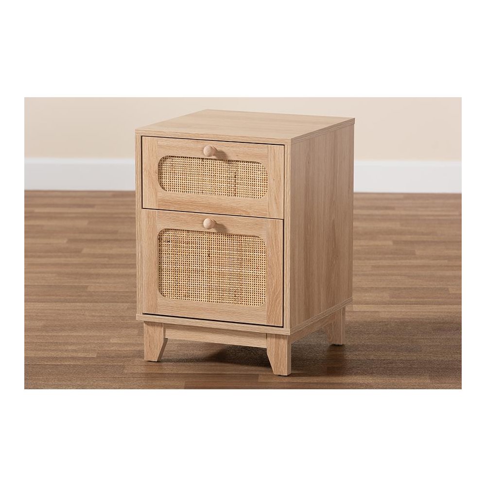 Light Brown Finished Wood and Natural Rattan 1-Drawer End Table. Picture 9