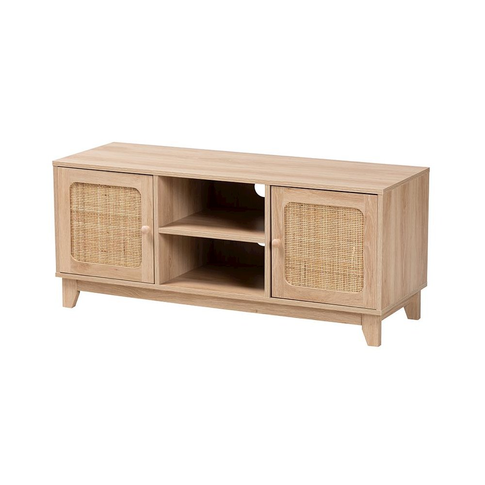 Light Brown Finished Wood and Natural Rattan 2-Door TV Stand. Picture 1