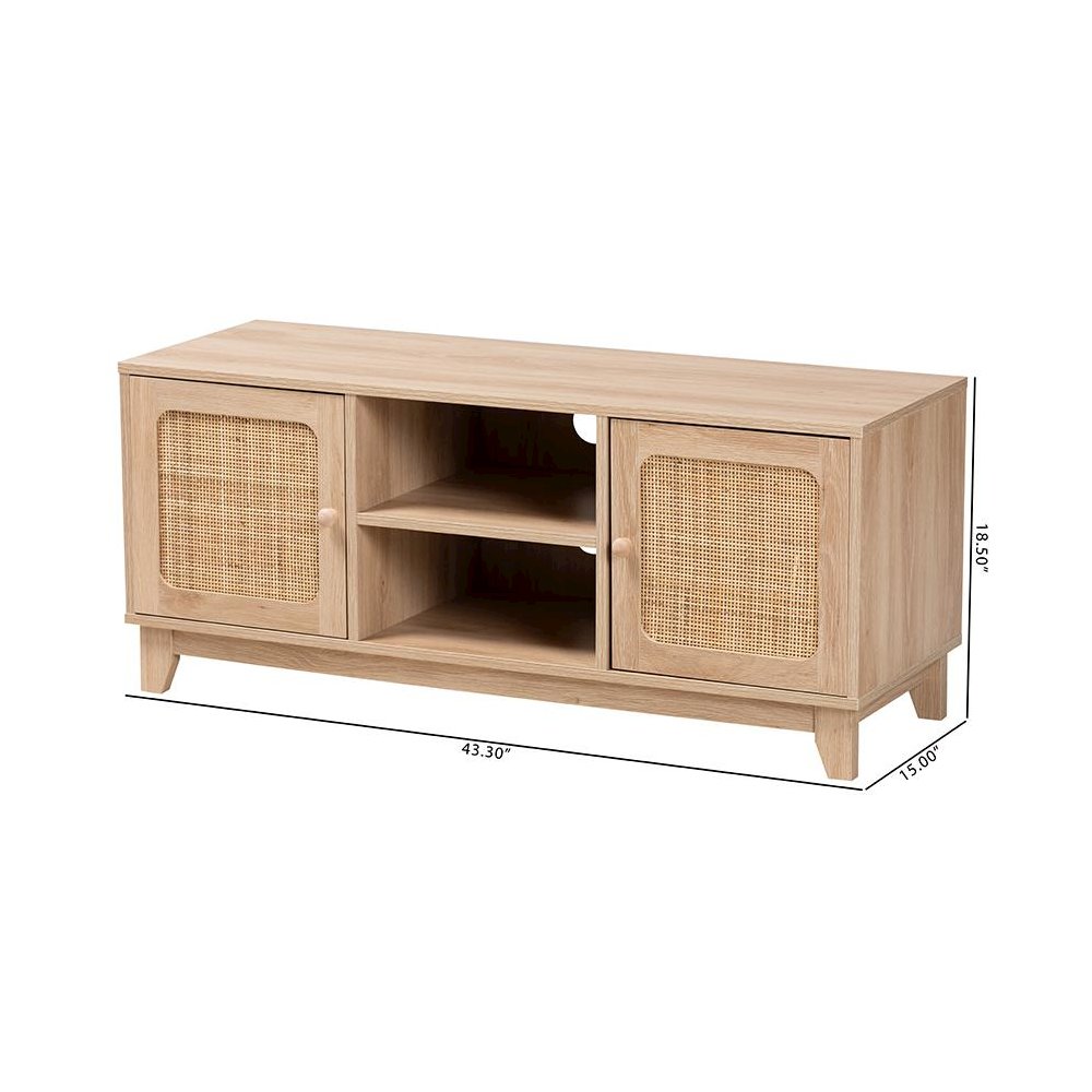 Light Brown Finished Wood and Natural Rattan 2-Door TV Stand. Picture 10
