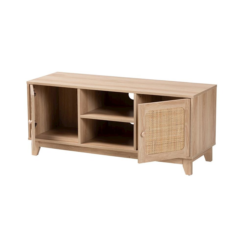 Light Brown Finished Wood and Natural Rattan 2-Door TV Stand. Picture 2