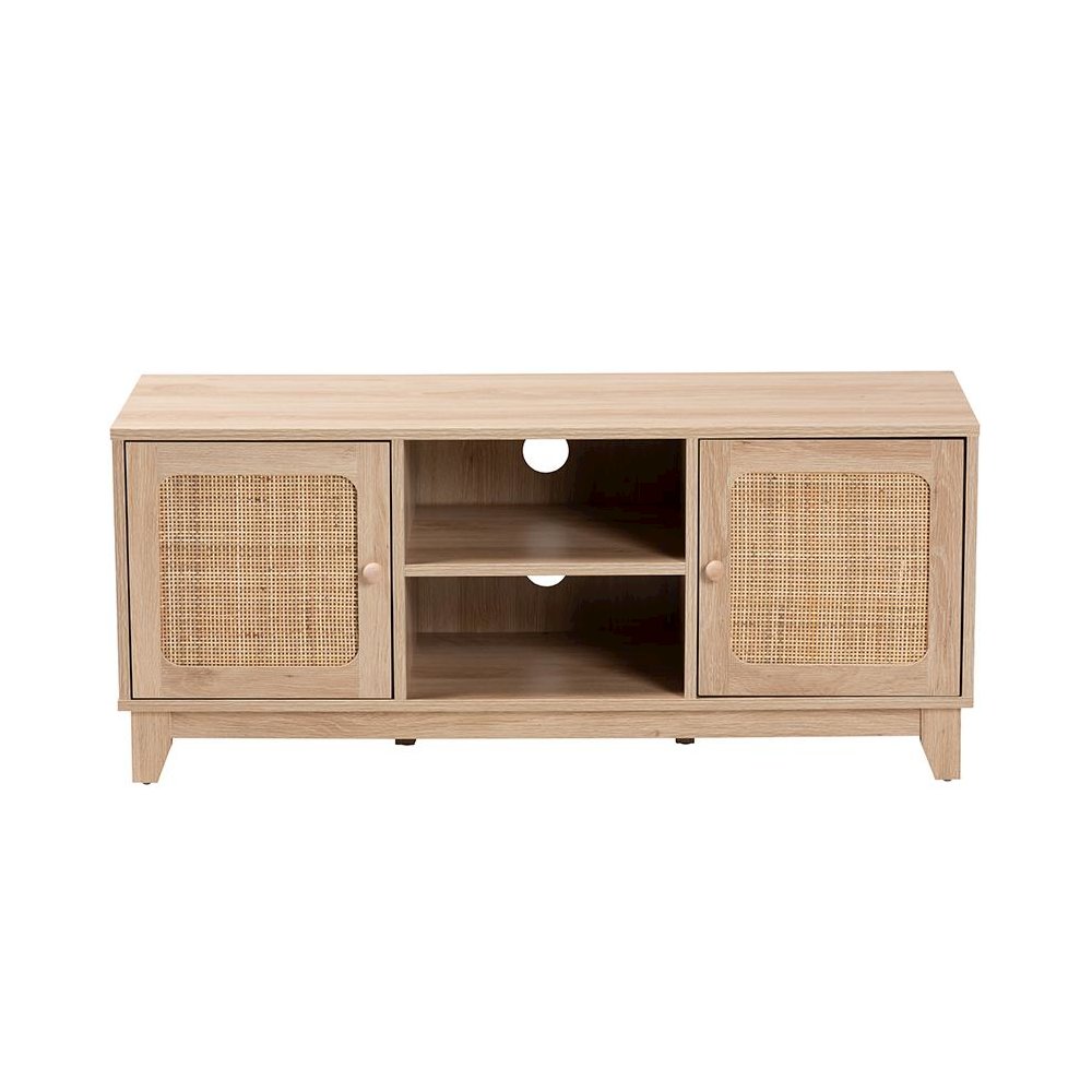 Light Brown Finished Wood and Natural Rattan 2-Door TV Stand. Picture 3