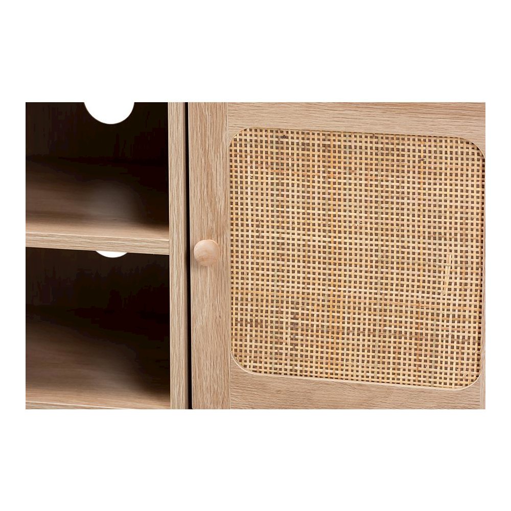 Light Brown Finished Wood and Natural Rattan 2-Door TV Stand. Picture 5