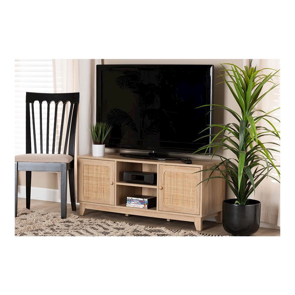 Light Brown Finished Wood and Natural Rattan 2-Door TV Stand. Picture 8
