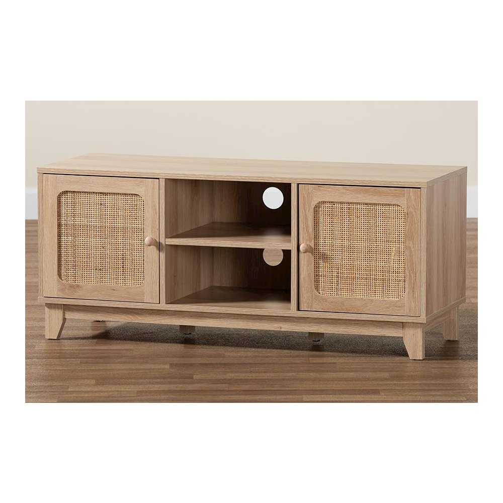 Light Brown Finished Wood and Natural Rattan 2-Door TV Stand. Picture 9