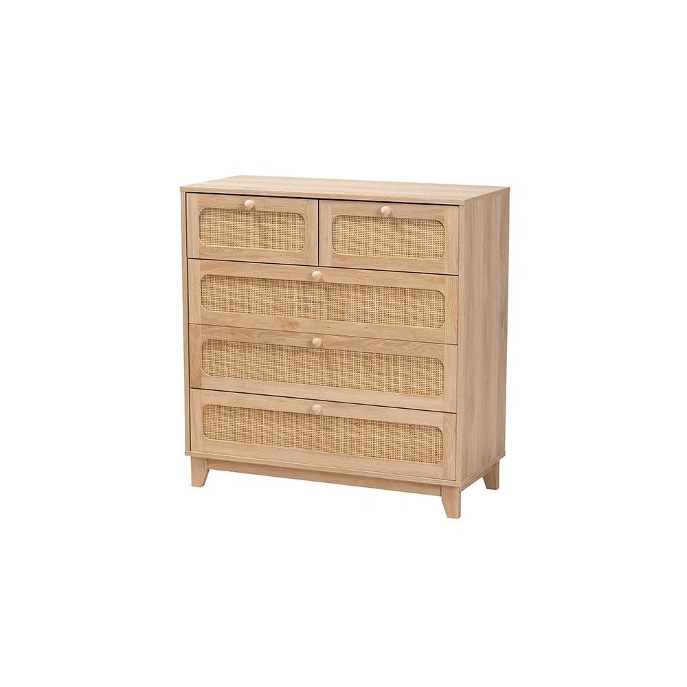 Oak Brown Finished Wood and Natural Rattan 5-Drawer Storage Cabinet. Picture 1