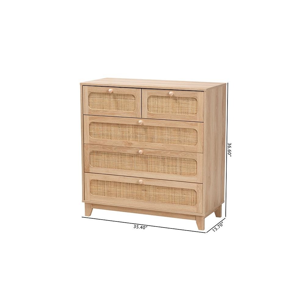 Oak Brown Finished Wood and Natural Rattan 5-Drawer Storage Cabinet. Picture 10