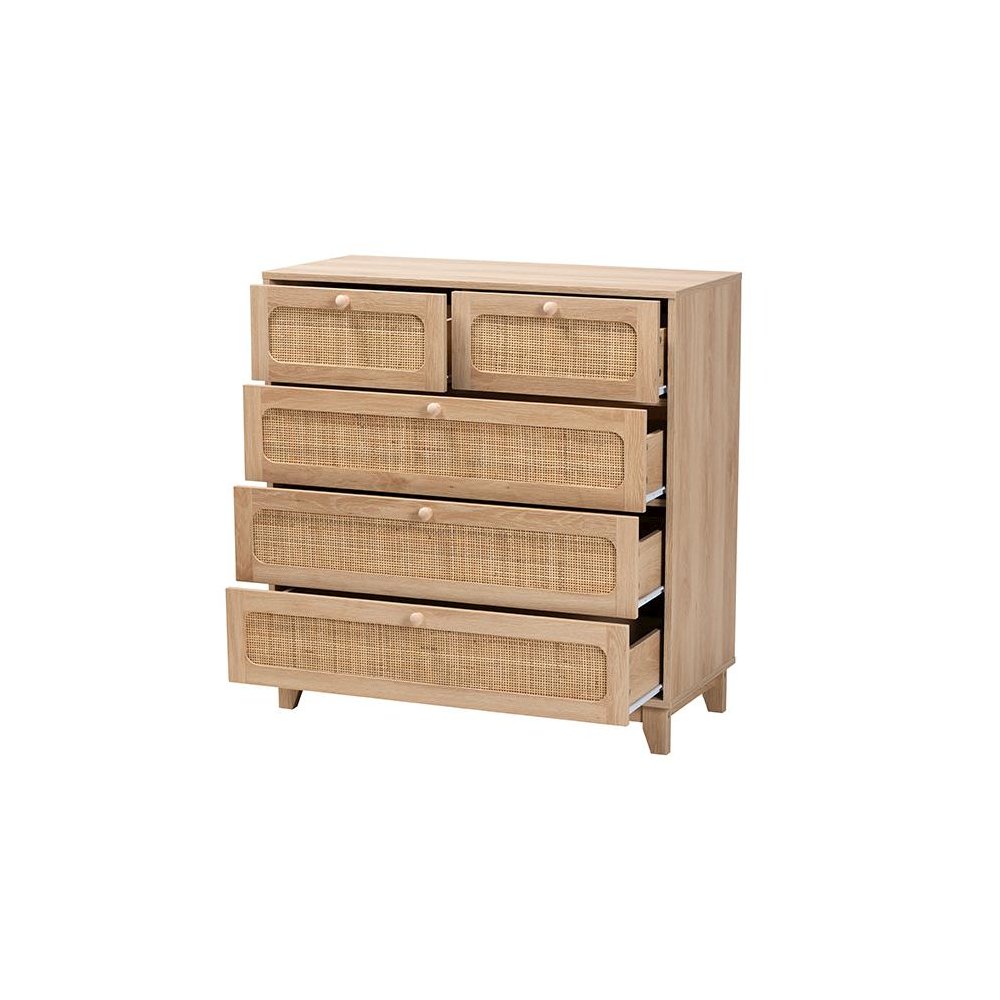 Oak Brown Finished Wood and Natural Rattan 5-Drawer Storage Cabinet. Picture 2