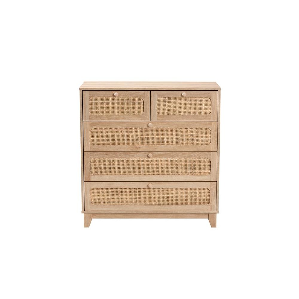 Oak Brown Finished Wood and Natural Rattan 5-Drawer Storage Cabinet. Picture 3