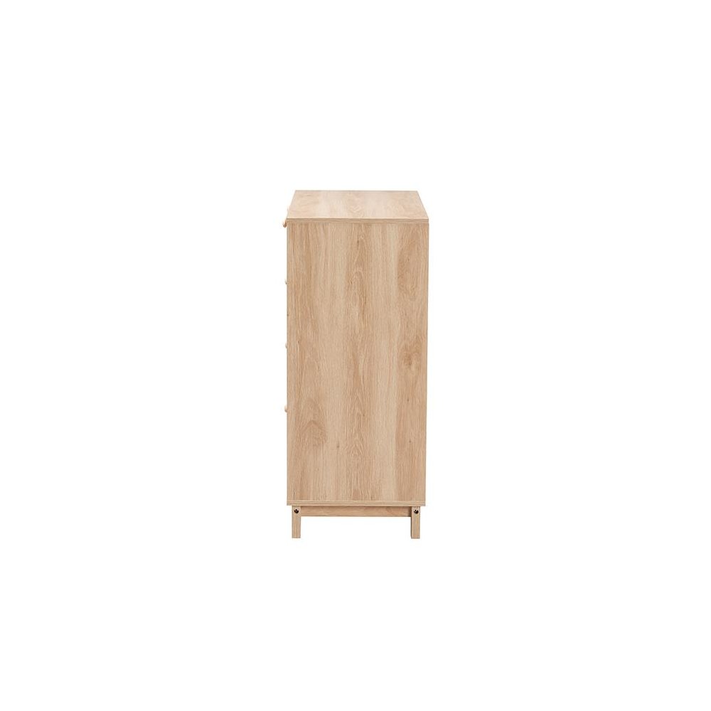 Oak Brown Finished Wood and Natural Rattan 5-Drawer Storage Cabinet. Picture 4