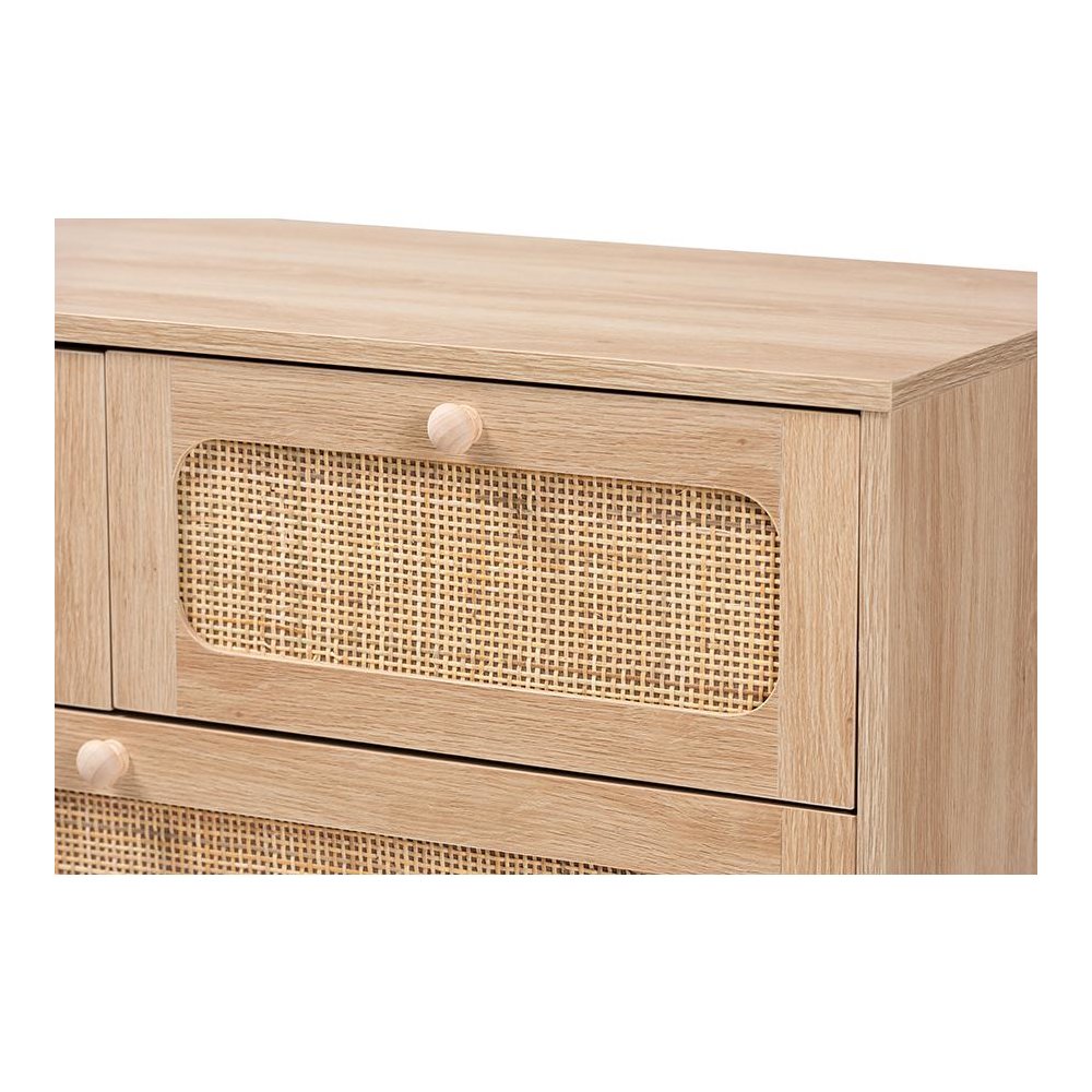 Oak Brown Finished Wood and Natural Rattan 5-Drawer Storage Cabinet. Picture 5