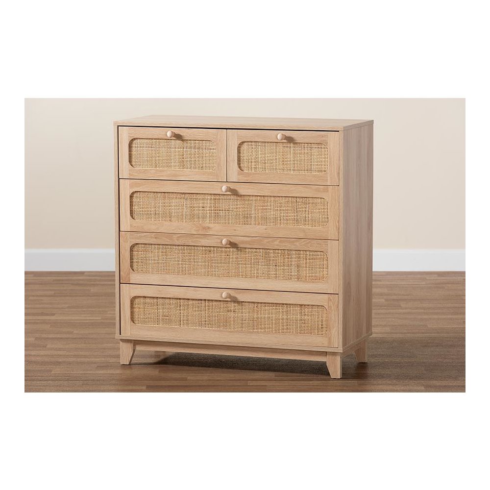 Oak Brown Finished Wood and Natural Rattan 5-Drawer Storage Cabinet. Picture 9