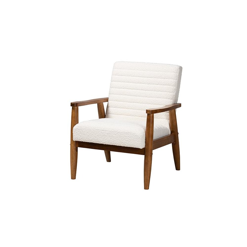 Cream Boucle Fabric and Walnut Brown Finished Wood Armchair. Picture 1