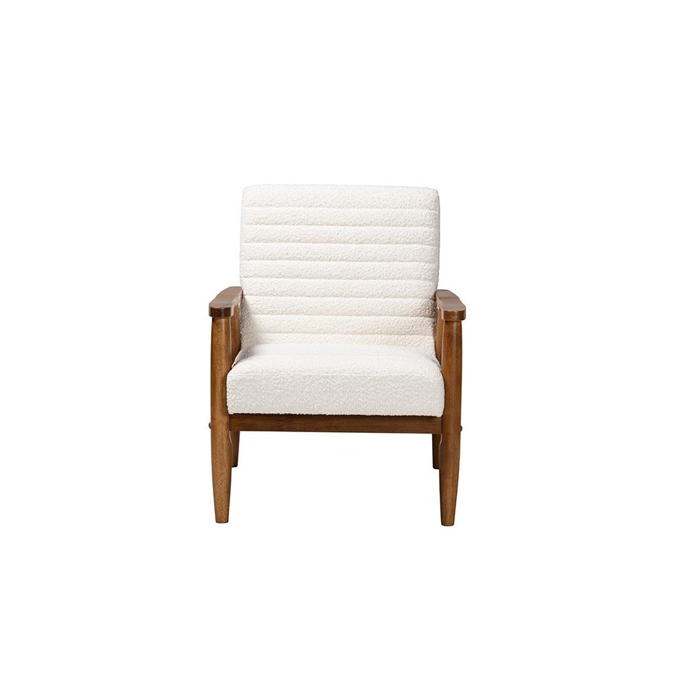 Cream Boucle Fabric and Walnut Brown Finished Wood Armchair. Picture 2