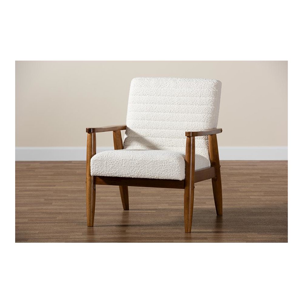 Cream Boucle Fabric and Walnut Brown Finished Wood Armchair. Picture 9