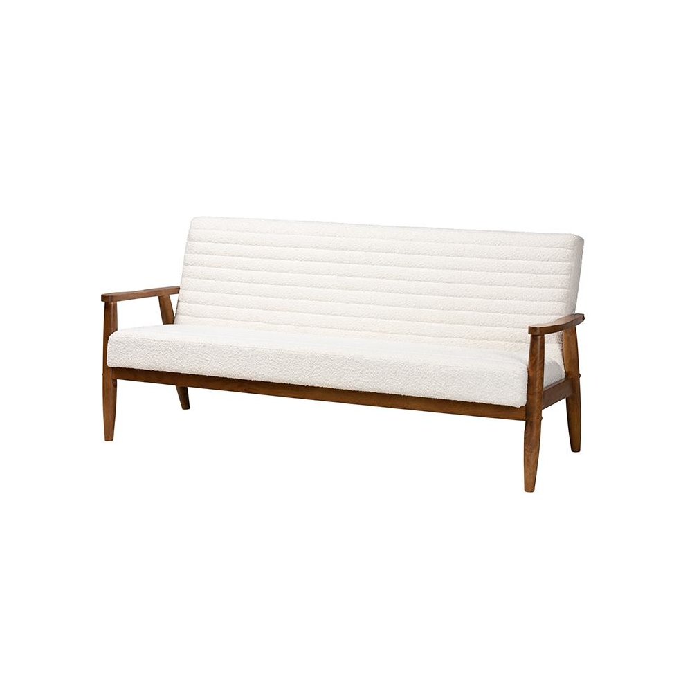 Cream Boucle Fabric and Walnut Brown Finished Wood Sofa. Picture 1