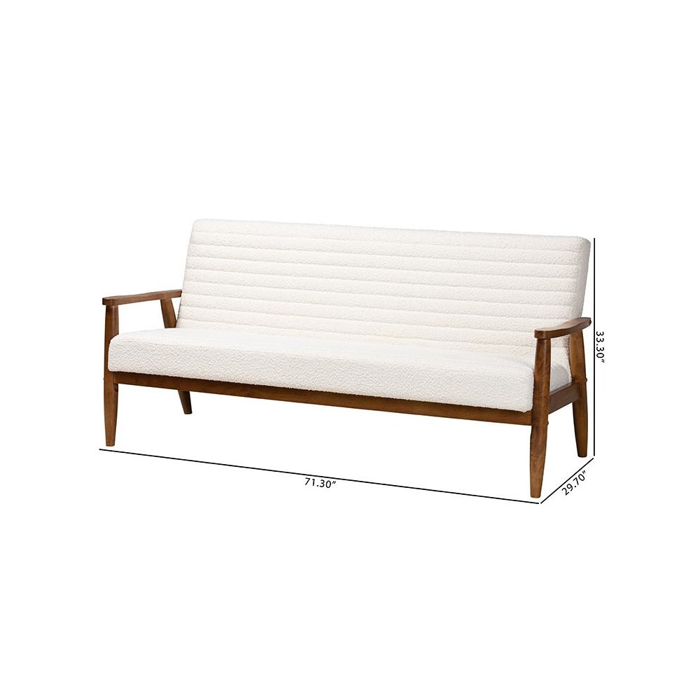 Cream Boucle Fabric and Walnut Brown Finished Wood Sofa. Picture 10
