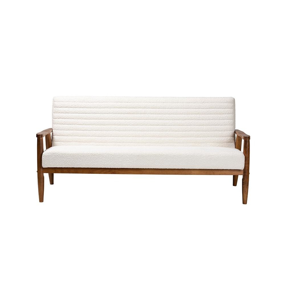 Cream Boucle Fabric and Walnut Brown Finished Wood Sofa. Picture 2