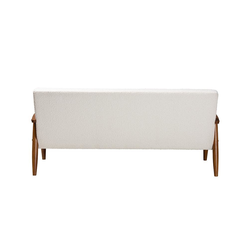 Cream Boucle Fabric and Walnut Brown Finished Wood Sofa. Picture 4