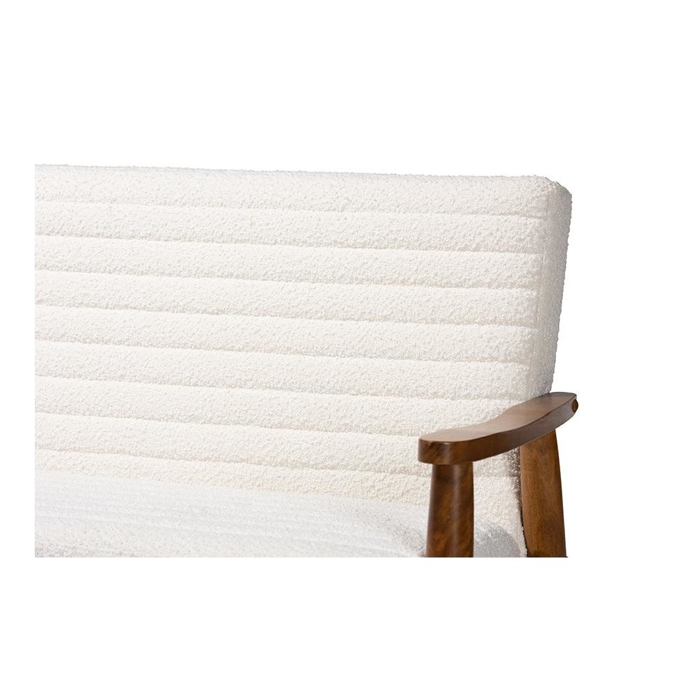 Cream Boucle Fabric and Walnut Brown Finished Wood Sofa. Picture 5
