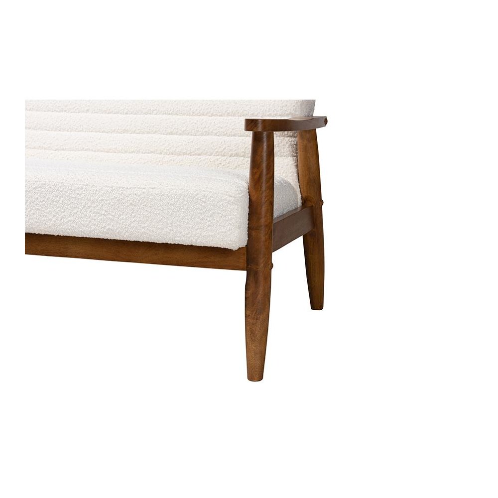 Cream Boucle Fabric and Walnut Brown Finished Wood Sofa. Picture 6