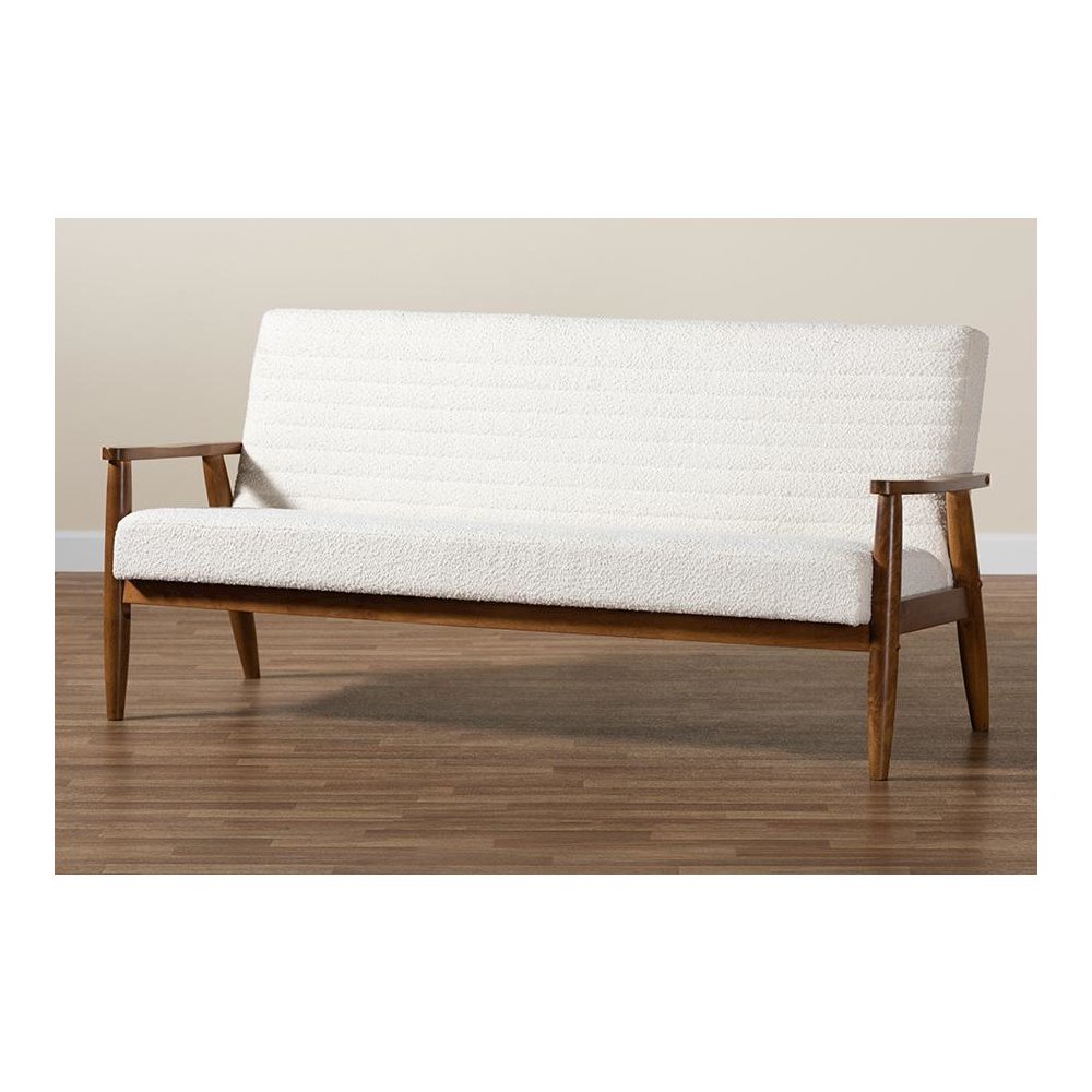 Cream Boucle Fabric and Walnut Brown Finished Wood Sofa. Picture 9