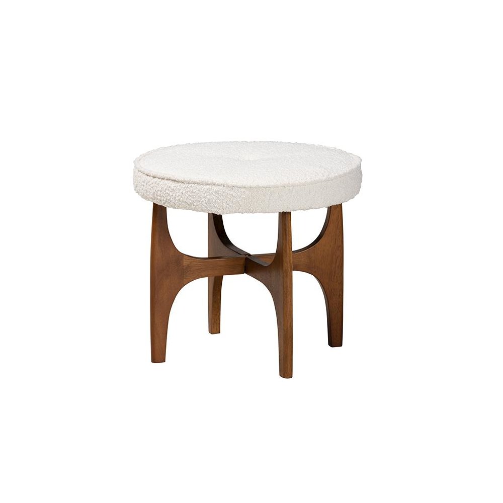 Cream Boucle Fabric and Walnut Brown Finished Rubberwood Ottoman Footstool. Picture 1