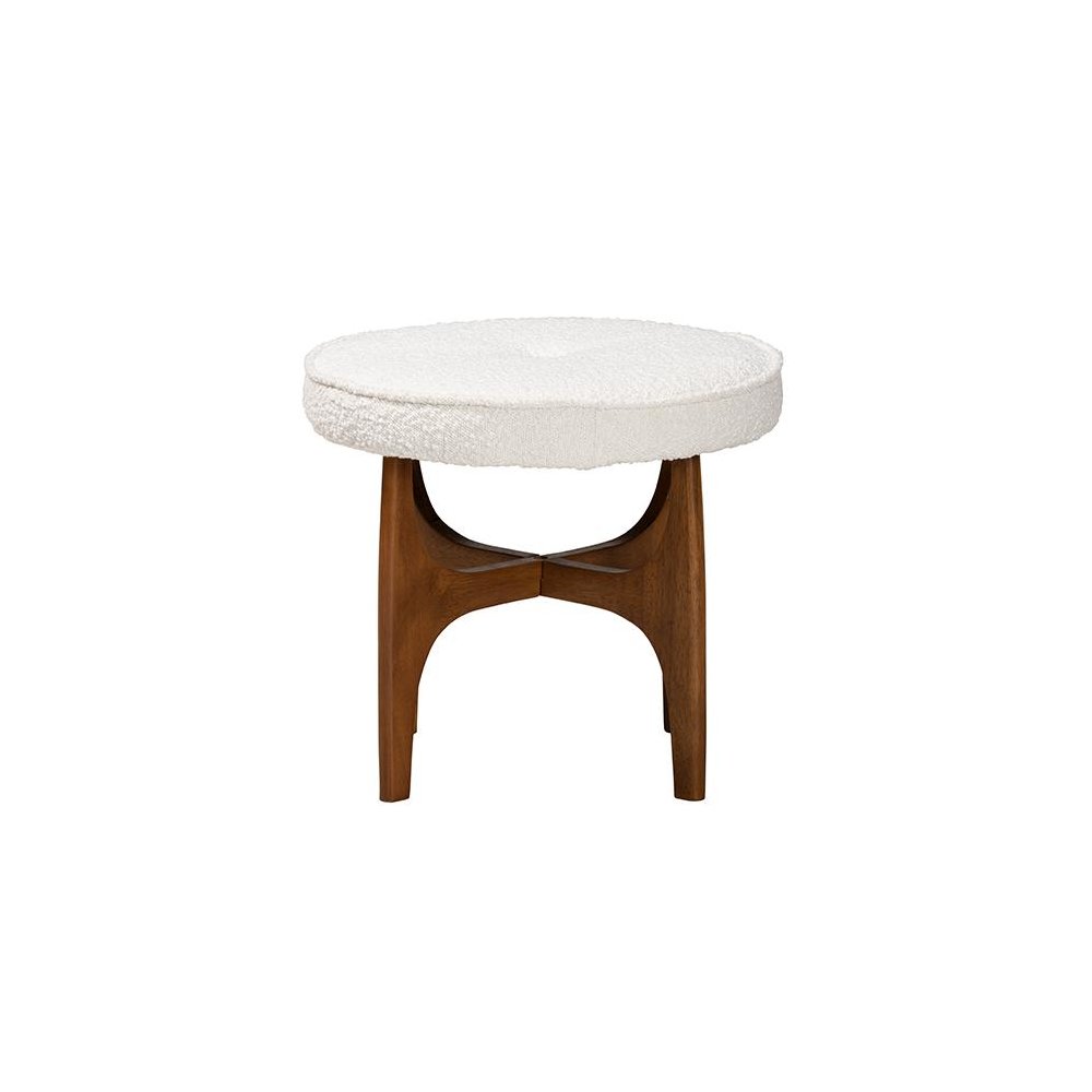 Cream Boucle Fabric and Walnut Brown Finished Rubberwood Ottoman Footstool. Picture 2