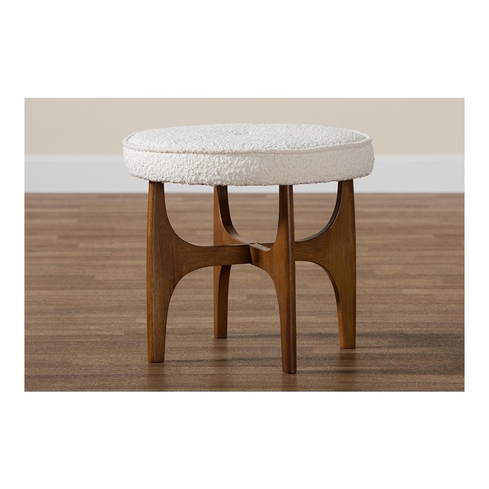 Cream Boucle Fabric and Walnut Brown Finished Rubberwood Ottoman Footstool. Picture 6