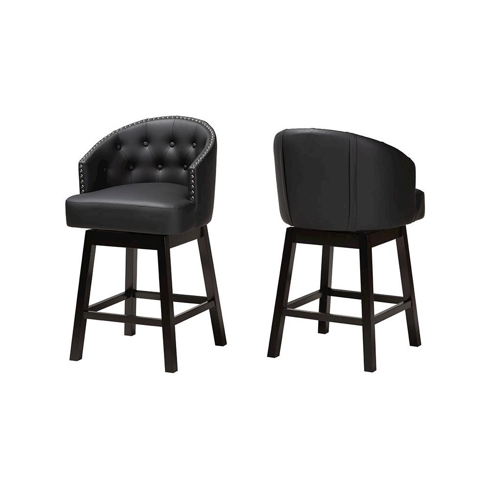 Leather and Espresso Brown Finished Wood 2-Piece Swivel Counter Stool Set. Picture 1