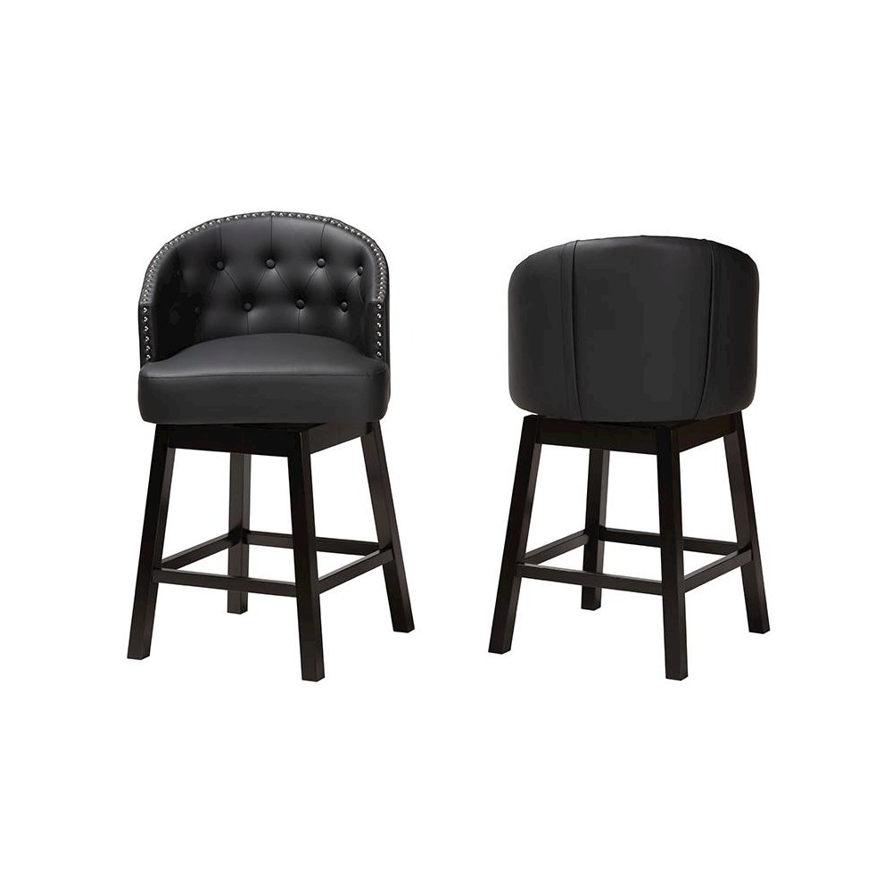 Leather and Espresso Brown Finished Wood 2-Piece Swivel Counter Stool Set. Picture 2