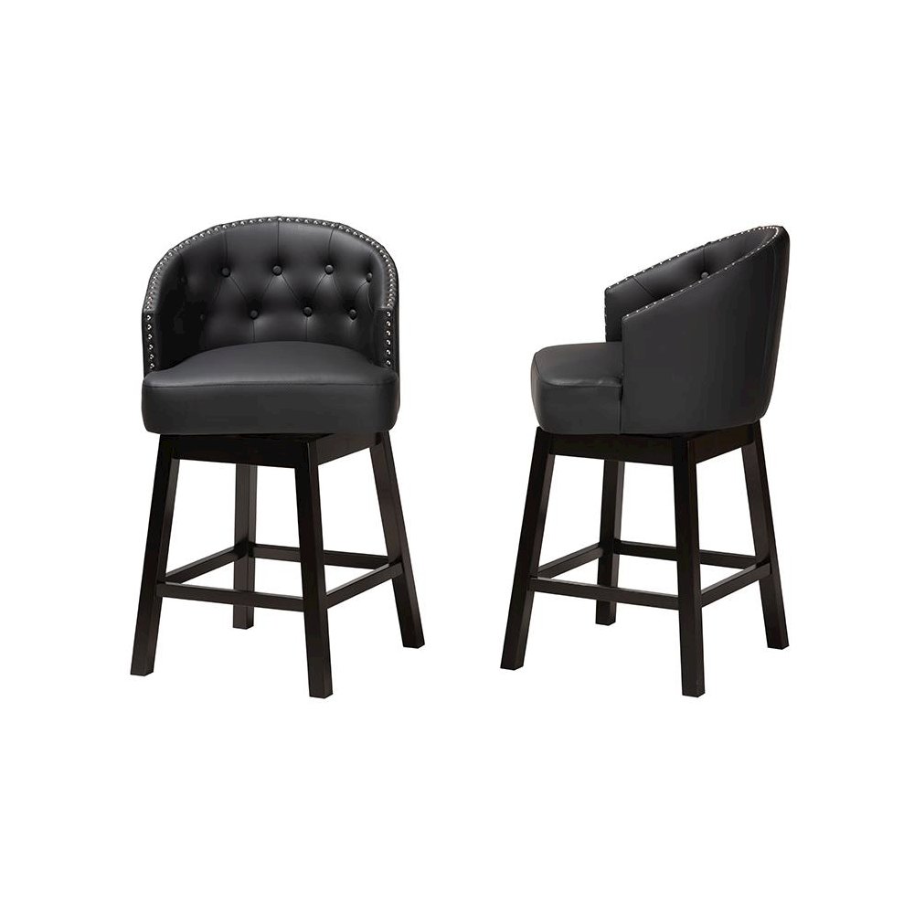 Leather and Espresso Brown Finished Wood 2-Piece Swivel Counter Stool Set. Picture 3