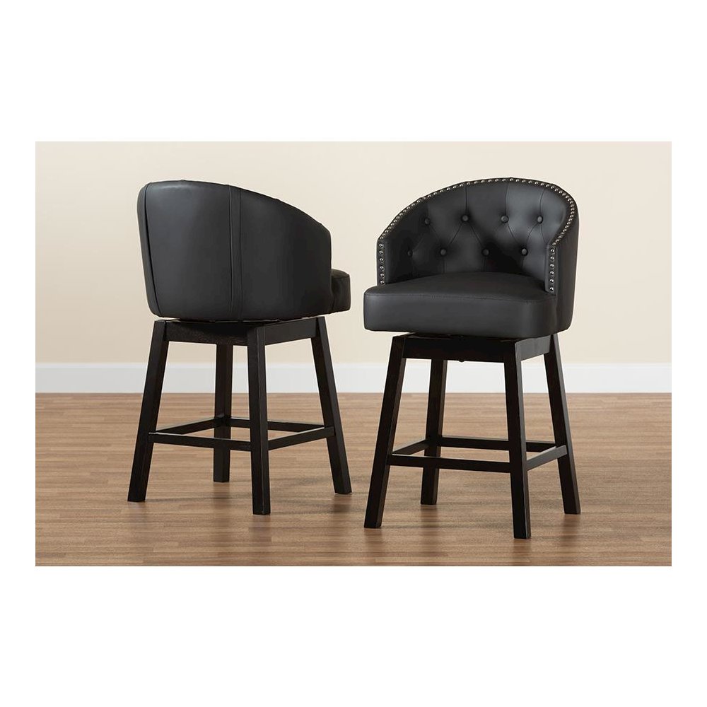 Leather and Espresso Brown Finished Wood 2-Piece Swivel Counter Stool Set. Picture 8