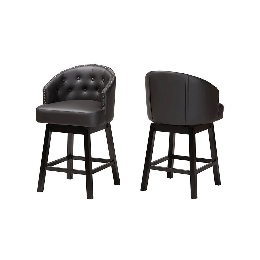 Leather and Espresso Brown Finished Wood 2-Piece Swivel Counter Stool Set. Picture 1