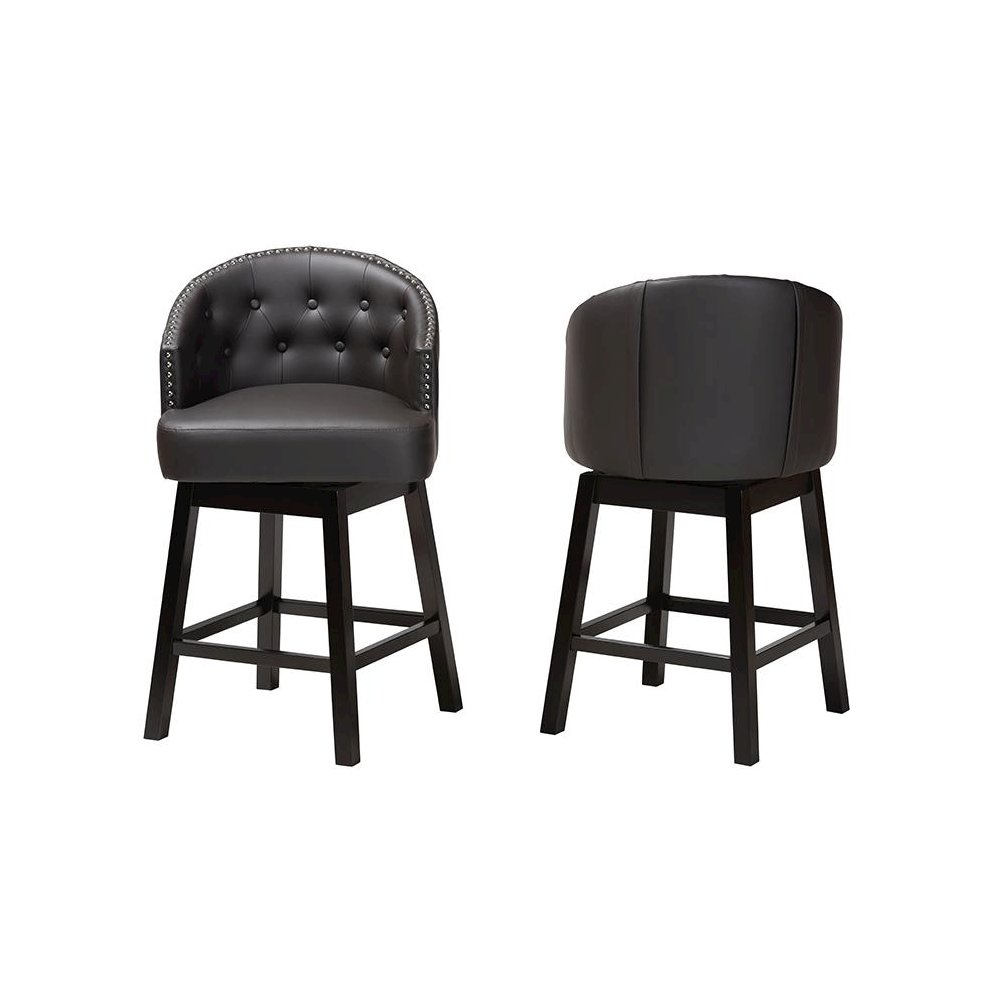 Leather and Espresso Brown Finished Wood 2-Piece Swivel Counter Stool Set. Picture 2