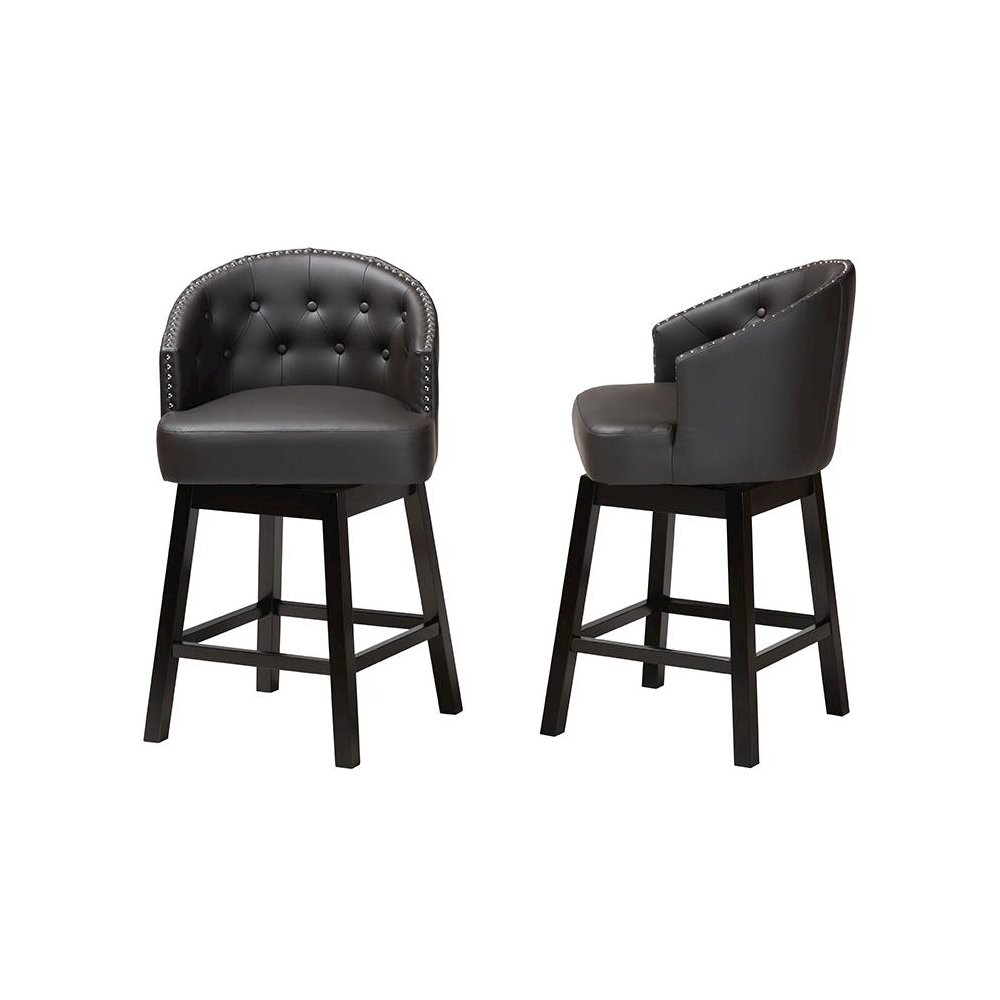 Leather and Espresso Brown Finished Wood 2-Piece Swivel Counter Stool Set. Picture 3