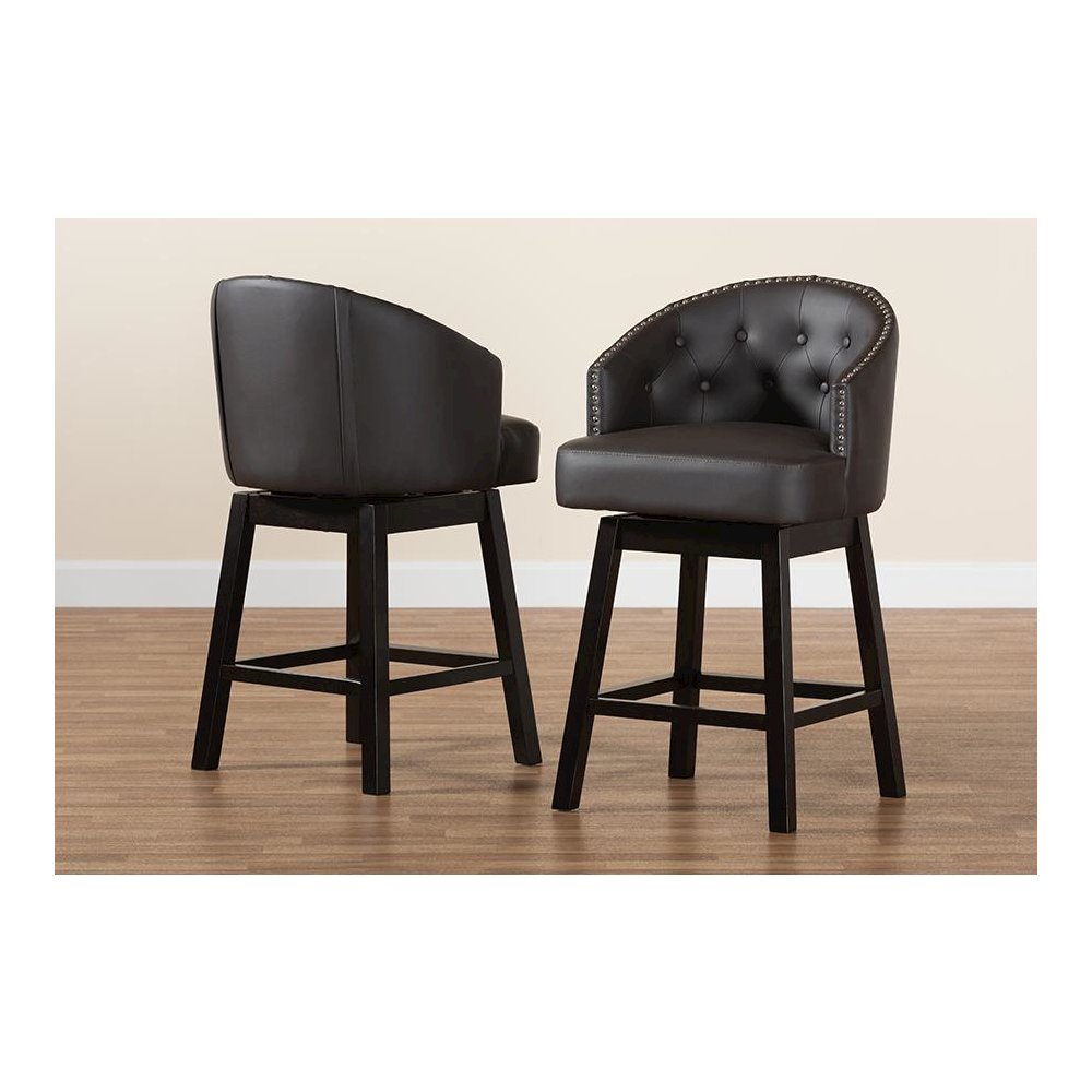 Leather and Espresso Brown Finished Wood 2-Piece Swivel Counter Stool Set. Picture 8