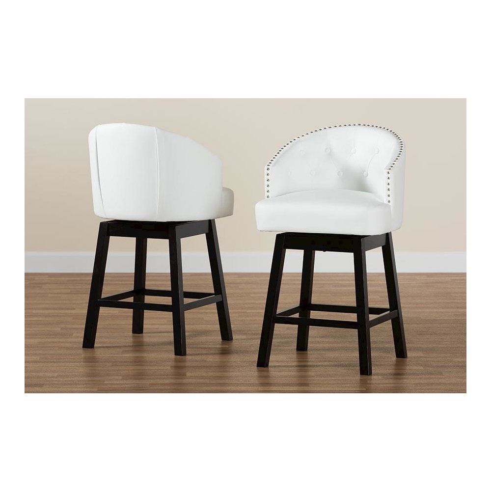 Leather and Espresso Brown Finished Wood 2-Piece Swivel Counter Stool Set. Picture 8