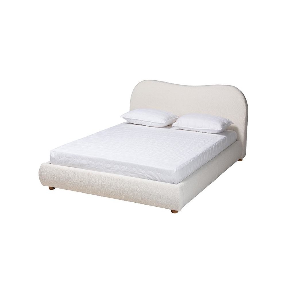 Cream Boucle Fabric and Oak Brown Finished Wood Queen Size Platform Bed. Picture 1