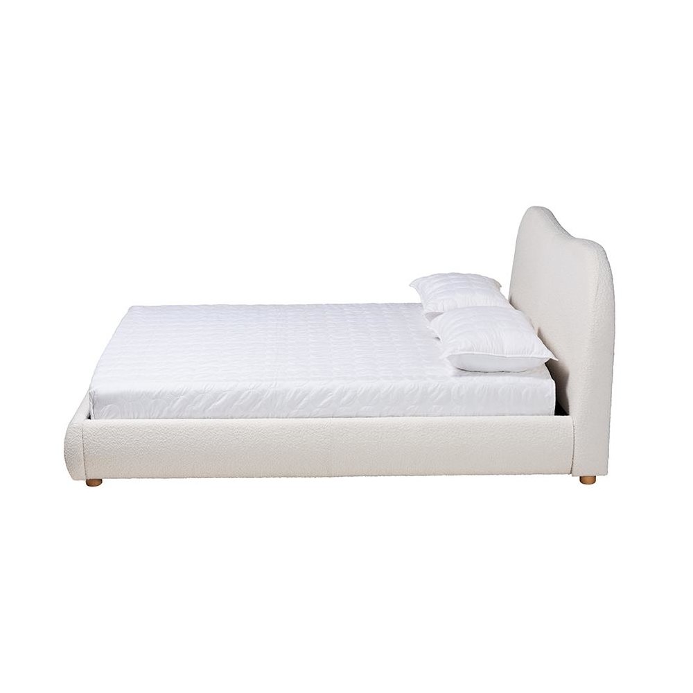 Cream Boucle Fabric and Oak Brown Finished Wood Queen Size Platform Bed. Picture 2