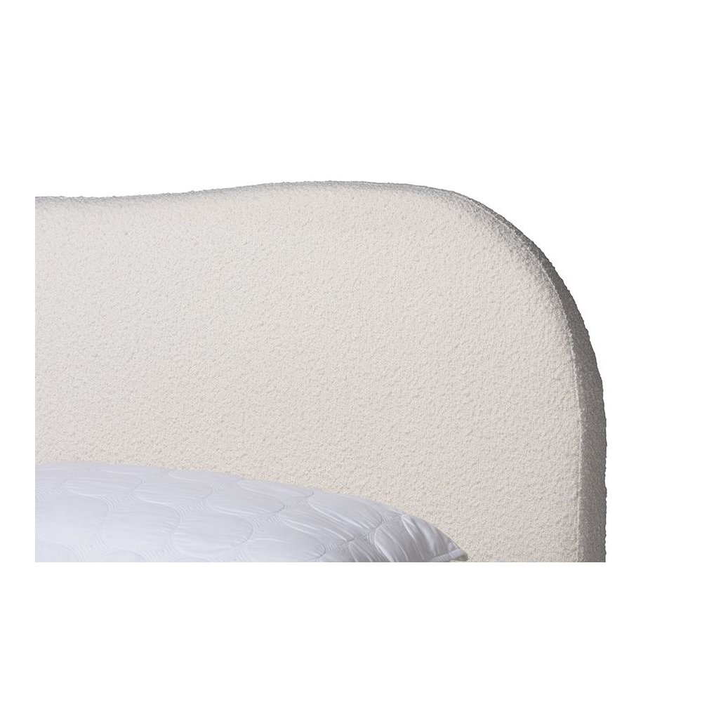 Cream Boucle Fabric and Oak Brown Finished Wood Queen Size Platform Bed. Picture 4