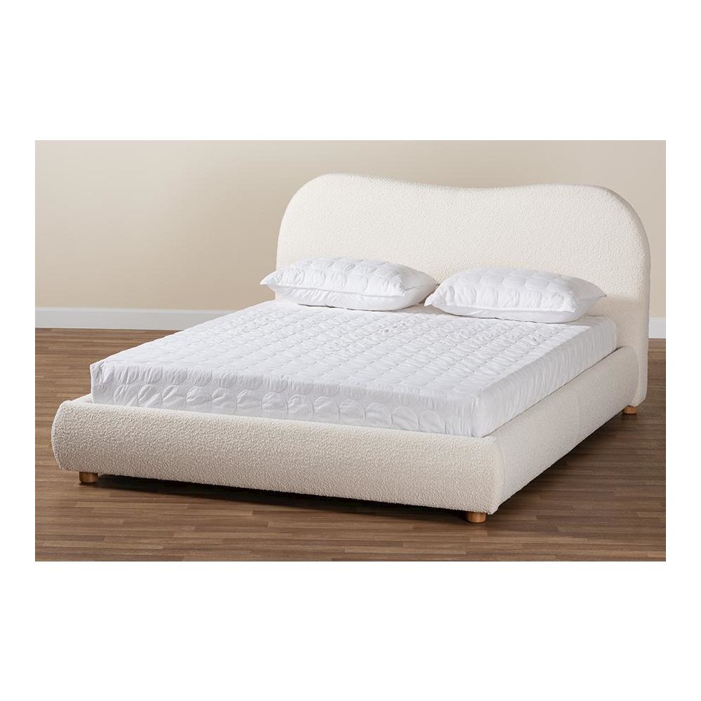Cream Boucle Fabric and Oak Brown Finished Wood Queen Size Platform Bed. Picture 8