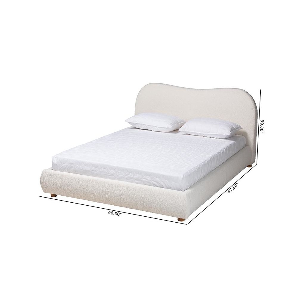 Cream Boucle Fabric and Oak Brown Finished Wood Queen Size Platform Bed. Picture 9