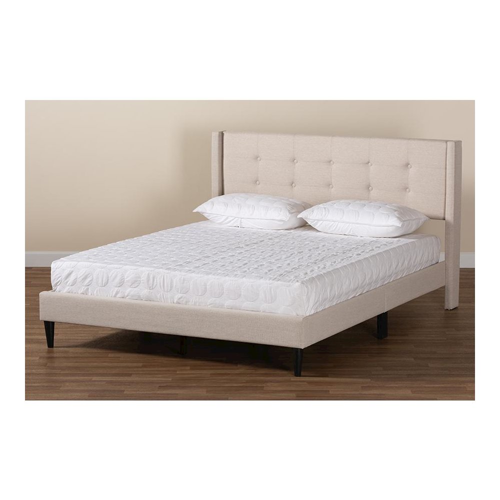 Transitional Beige Fabric Upholstered Full Size Platform Bed. Picture 8