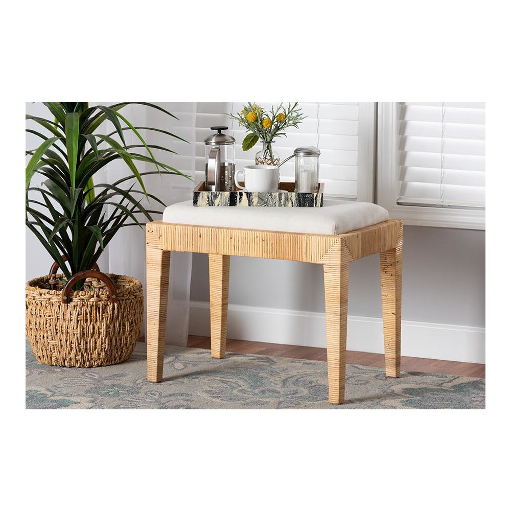 bali & pari Sofia Modern Bohemian Natural Brown Rattan and Mahogany Wood Ottoman. Picture 6