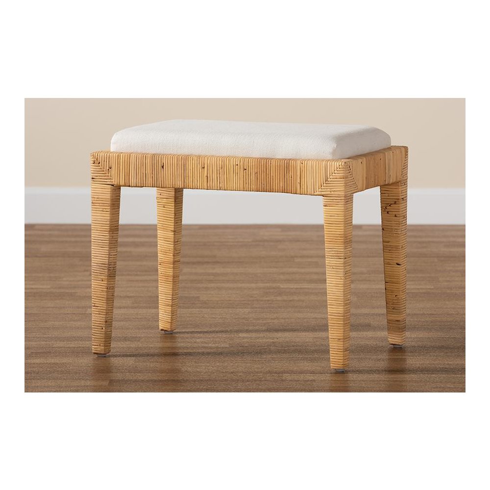 bali & pari Sofia Modern Bohemian Natural Brown Rattan and Mahogany Wood Ottoman. Picture 7