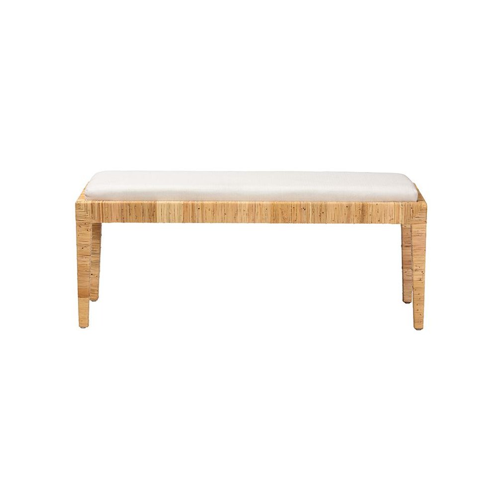 bali & pari Sofia Modern Bohemian Natural Brown Rattan and Mahogany Wood Bench. Picture 2