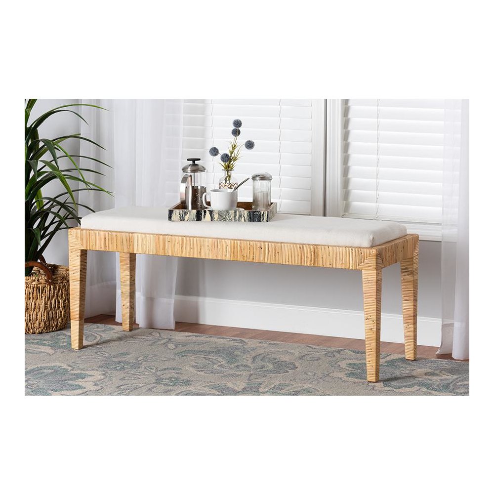 bali & pari Sofia Modern Bohemian Natural Brown Rattan and Mahogany Wood Bench. Picture 6