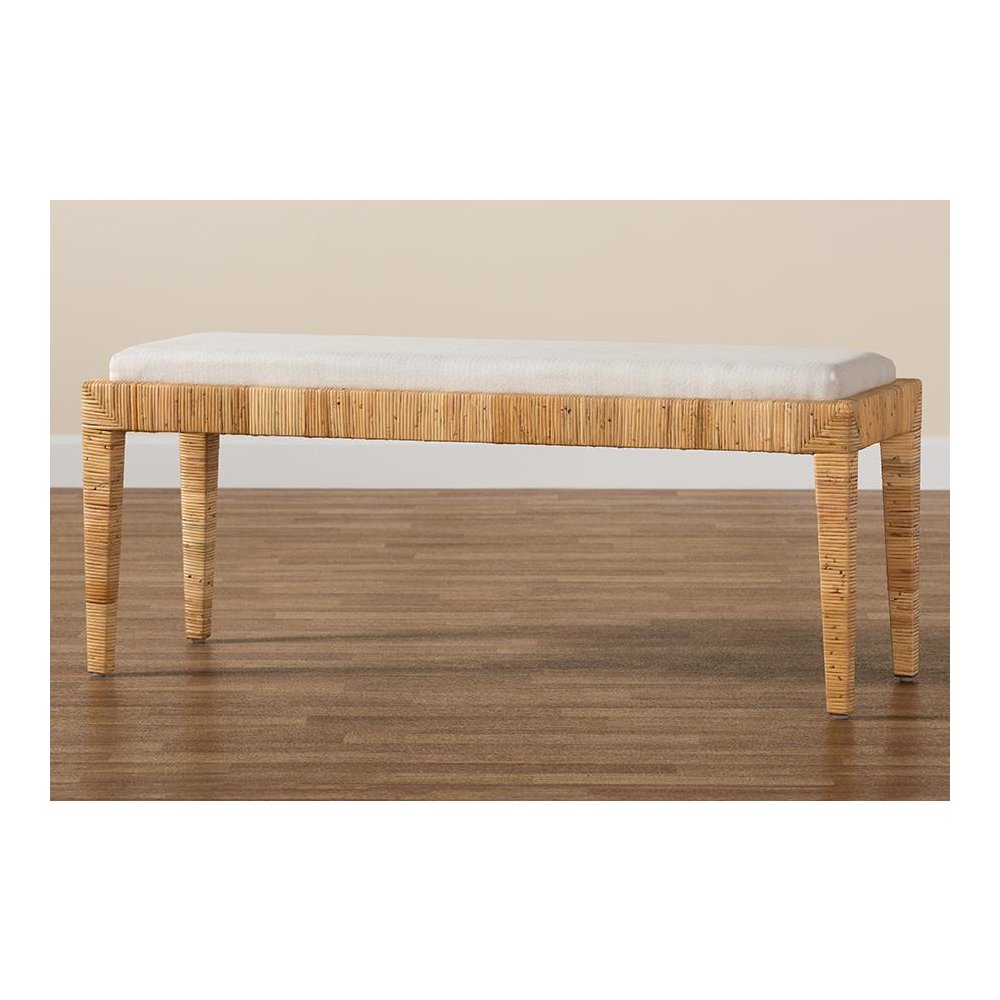 bali & pari Sofia Modern Bohemian Natural Brown Rattan and Mahogany Wood Bench. Picture 7