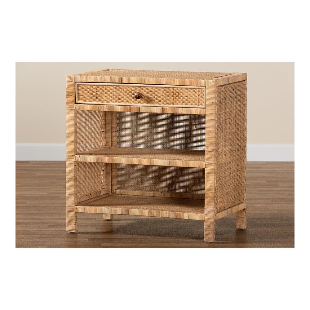 Bohemian Natural Brown Mahogany Wood and Natural Rattan 1-Drawer Console Table. Picture 10