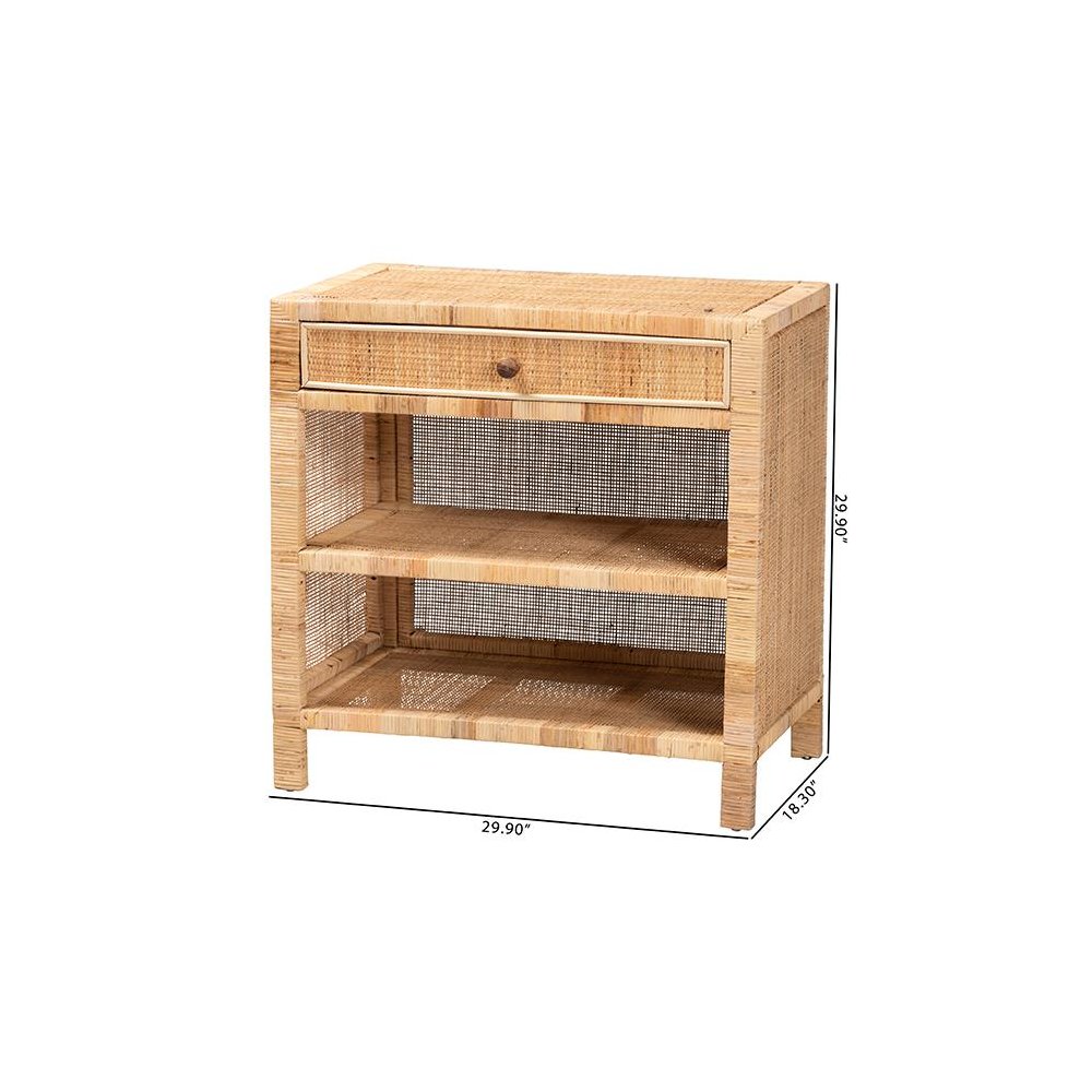 Bohemian Natural Brown Mahogany Wood and Natural Rattan 1-Drawer Console Table. Picture 11